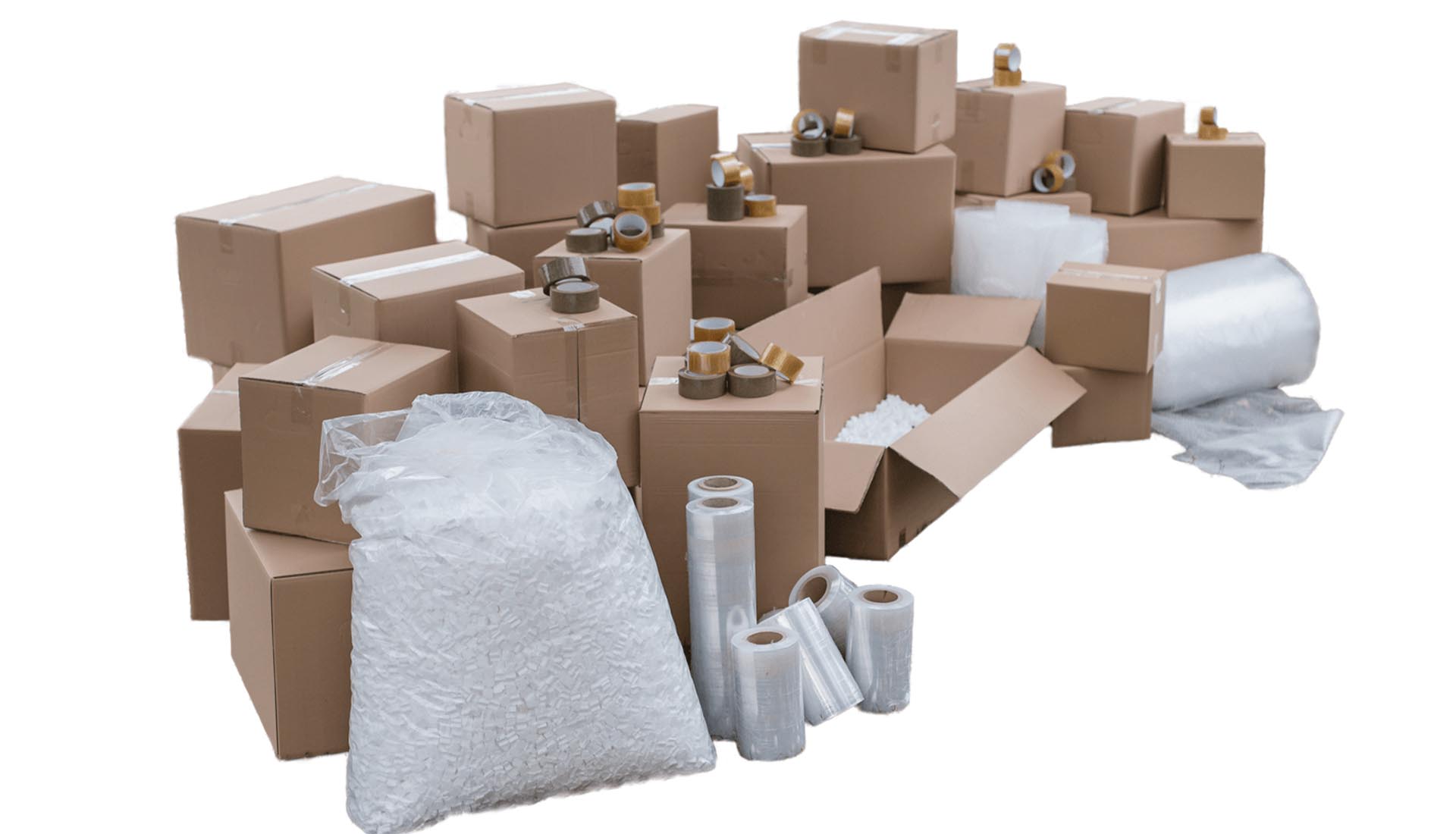 A collection of cardboard boxes, packing tape, bubble wrap, and protective materials illustrating safe packaging essentials.