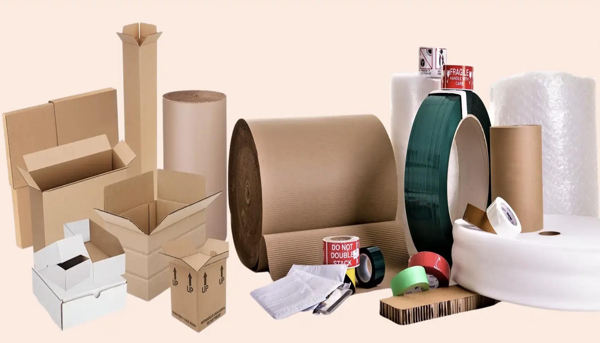 A variety of cardboard boxes, bubble wrap, and packing materials showcasing the future of packaging: trends & innovations in 2025.